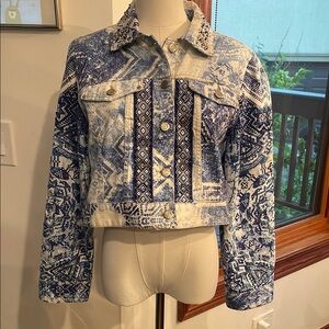 Chico’s Embroidered Embellished Blue Patterned Women's Jacket Size 1 Cropped